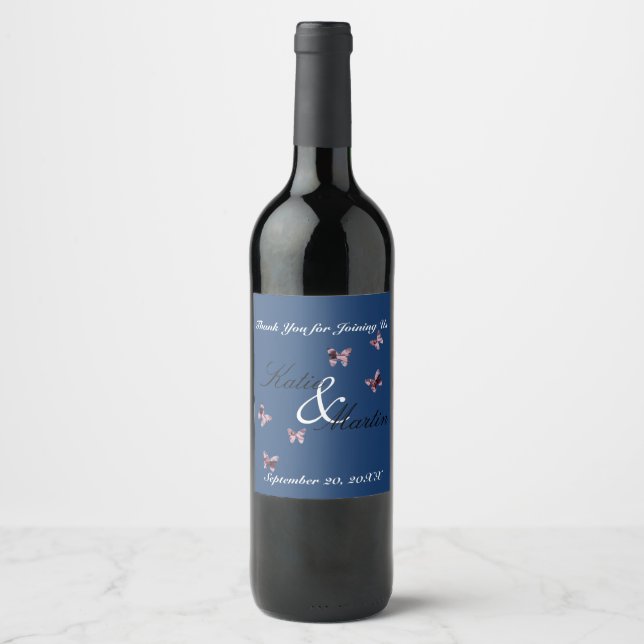 Wedding Elegant Pink Butterflies Guest Thank You Wine Label (Front)