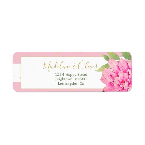 Wedding Elegant Pink Stripe Gold Rose Address Label