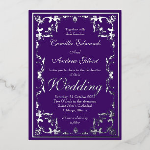 Wedding Elegant Purple Silver Ornate Border Foil Foil Invitation