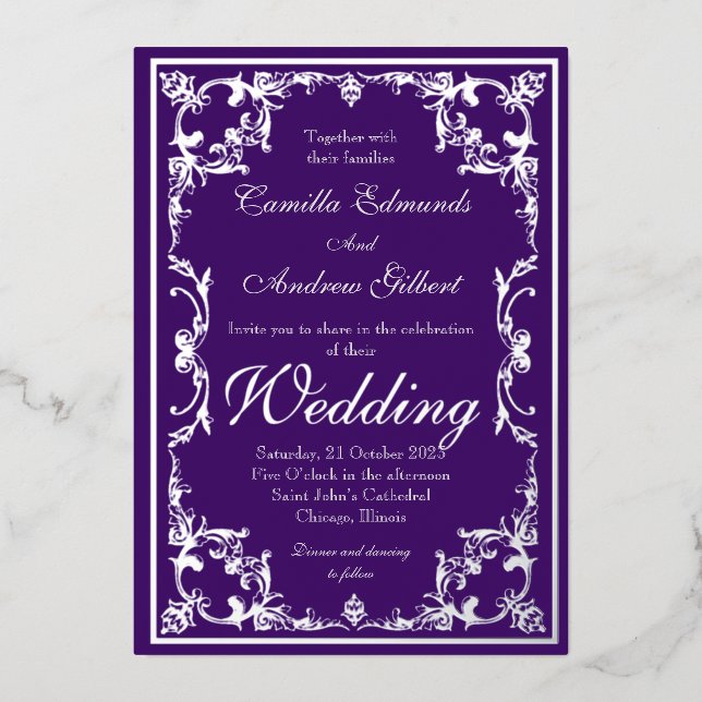 Wedding Elegant Purple Silver Ornate Border  Foil  Foil Invitation (Front)