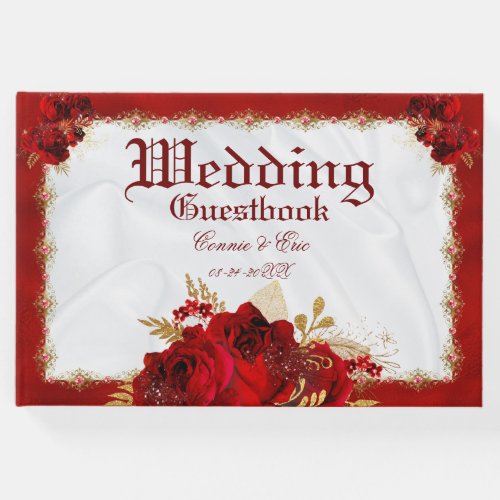 Wedding Elegant Red Gold White Floral Guest Book