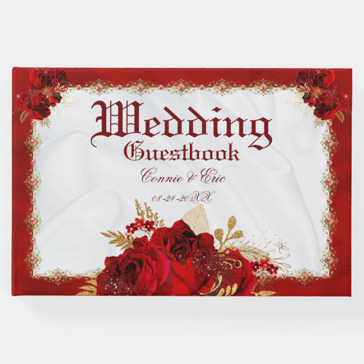 Wedding Elegant Red Gold White Floral Guest Book | Zazzle