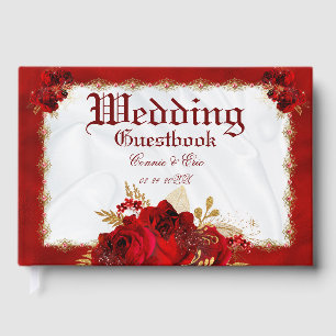 Wedding Elegant Red Gold White Floral Guest Book