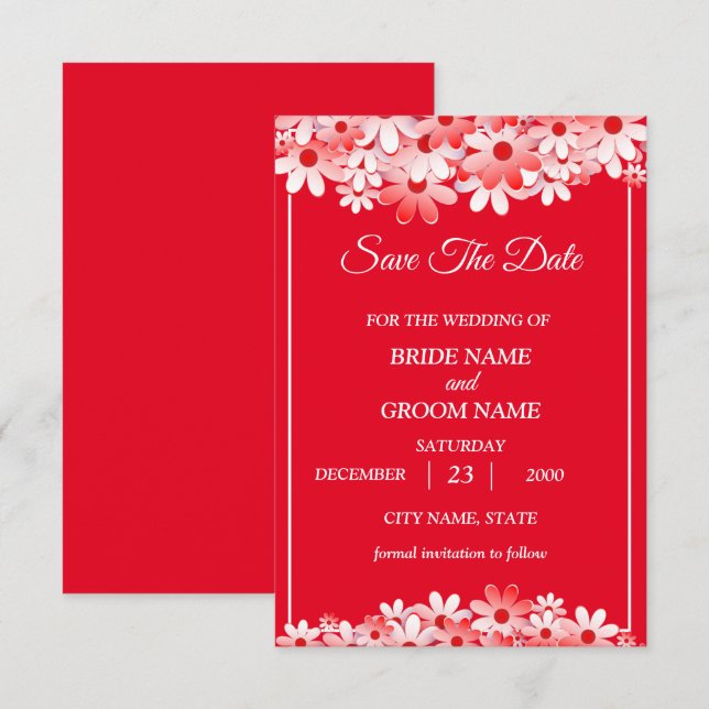 Wedding Elegant Red White Floral Save The Date (Front/Back)