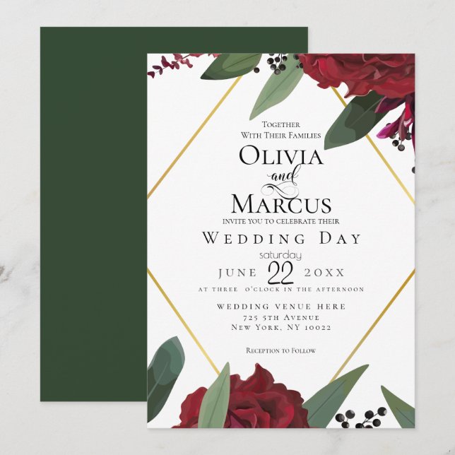 WEDDING | Elegant Rich Burgundy Marsala Floral 3 Invitation (Front/Back)
