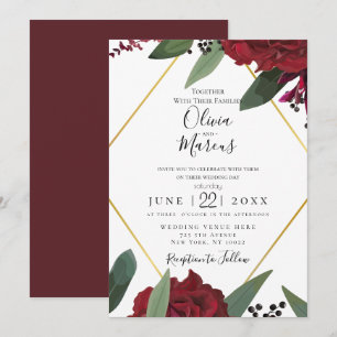 WEDDING   Elegant Rich Burgundy Marsala Floral Red Invitation