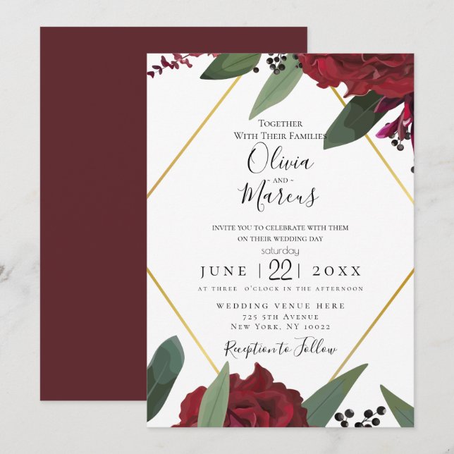 WEDDING | Elegant Rich Burgundy Marsala Floral Red Invitation (Front/Back)