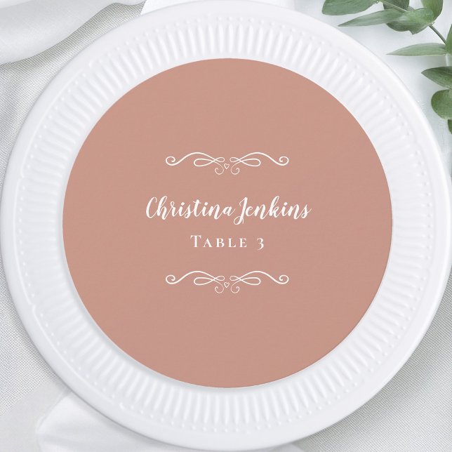 Wedding Elegant Rose Gold Round Guest Place Card (Wedding Elegant Pink Blush White Round Custom Guest Dinner Table Place Card)