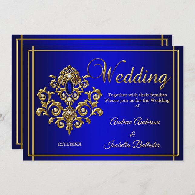 Wedding Elegant Royal Blue Gold Jewel Invitation (Front/Back)