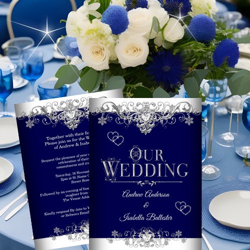 Wedding Elegant Royal Blue Silver Diamond Hearts Invitation