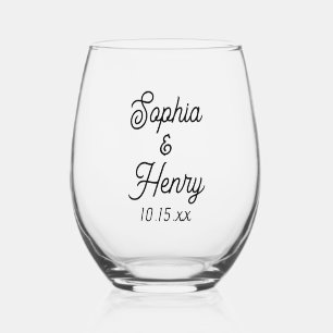 Wedding Elegant Script Black Typography Stemless Wine Glass