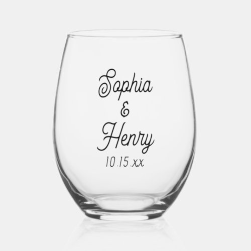 Wedding Elegant Script Black Typography Stemless Wine Glass