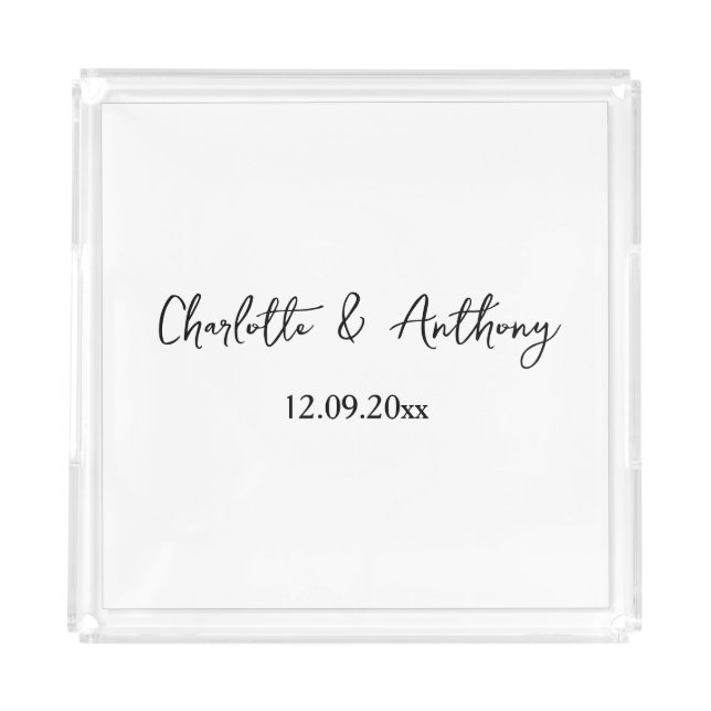 Wedding Elegant Script Creative Black White Acrylic Tray (Front)