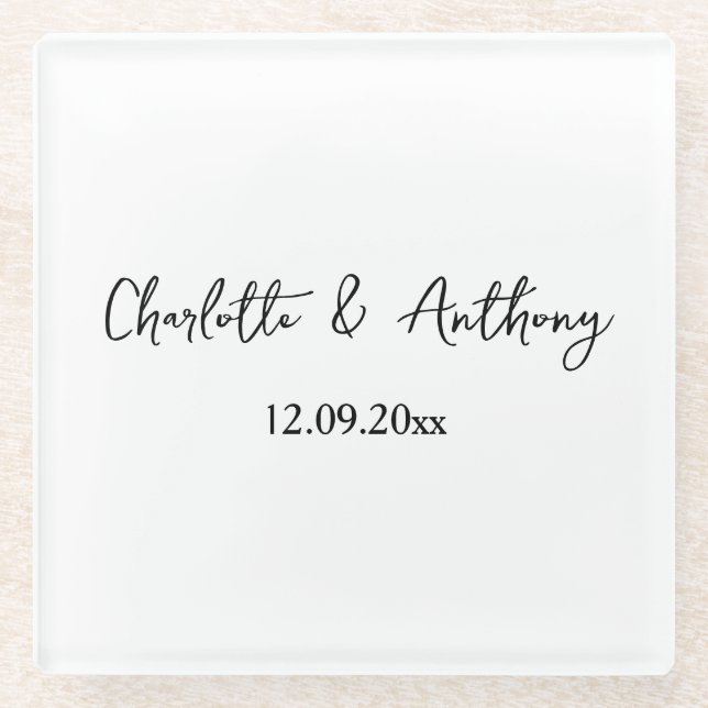 Wedding Elegant Script Creative Black White Glass Coaster (Front)