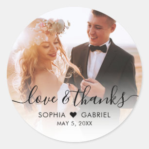 Wedding Elegant Script Heart Photo Thank You Classic Round Sticker