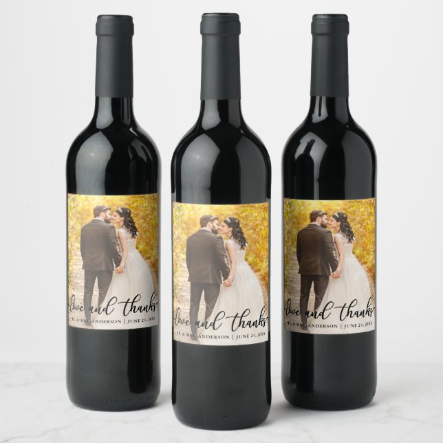 Wedding Elegant Script Love and Thanks Photo Blk Wine Label (Bottles)