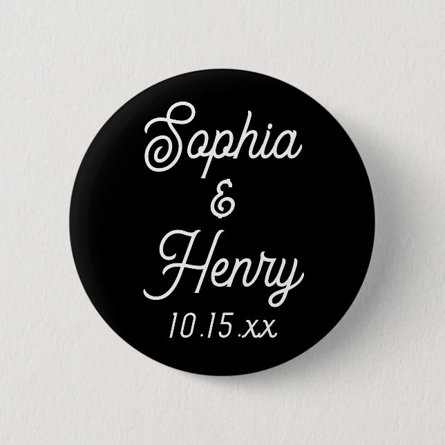 Wedding Elegant Script Typography Black White Button (Front)