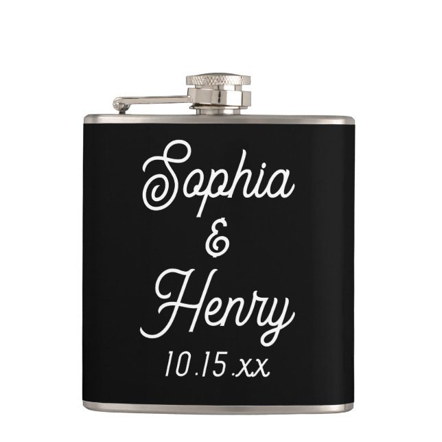 Wedding Elegant Script Typography Black White Flask (Front)