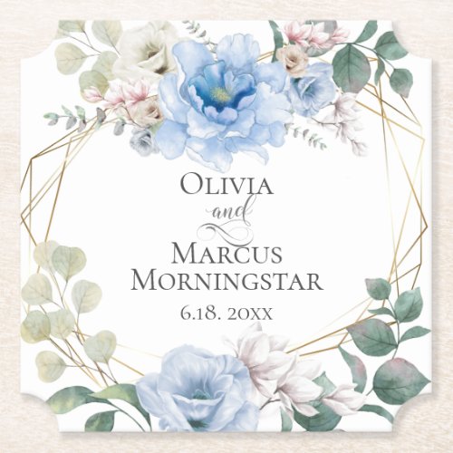 Wedding Elegant Sky Blue Peony Flowers Paper Coaster