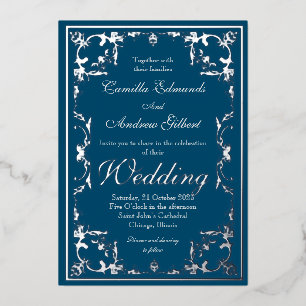 Wedding Elegant Teal Silver Ornate FLourish Border Foil Invitation