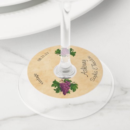 Wedding Elegant Vintage Purpe Grapes  Custom Name Wine Glass Tag