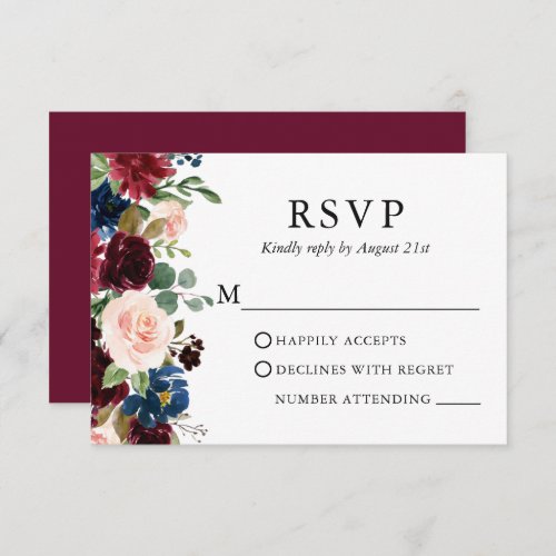 Wedding Elegant Watercolor Burgundy Blue Floral RSVP Card