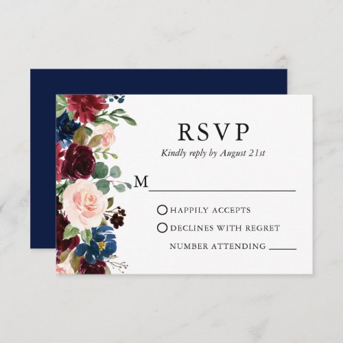 Wedding Elegant Watercolor Burgundy Floral Blue RSVP Card