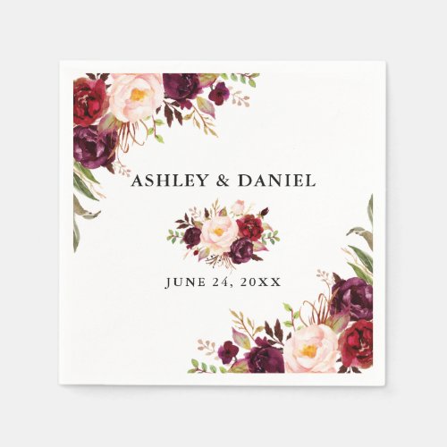 Wedding Elegant Watercolor Burgundy Floral Napkins