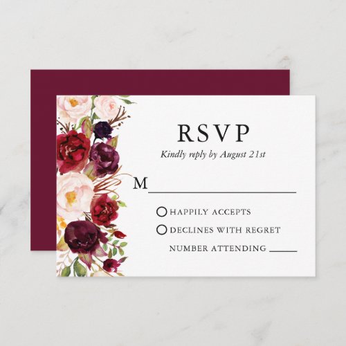 Wedding Elegant Watercolor Burgundy Floral RSVP Card