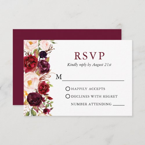 Wedding Elegant Watercolor Floral Burgundy RSVP Card