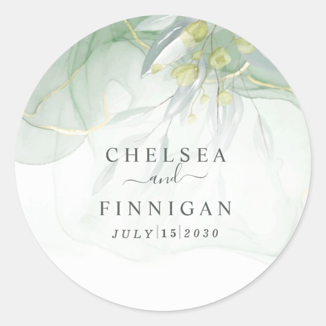 wedding Elegant Watercolor  Greenery  Classic Round Sticker (Front)