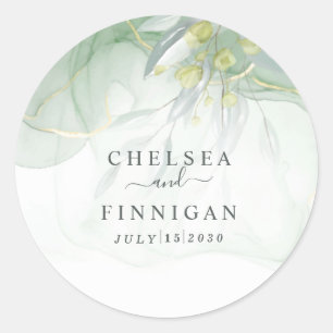 wedding Elegant Watercolor Greenery Classic Round Sticker