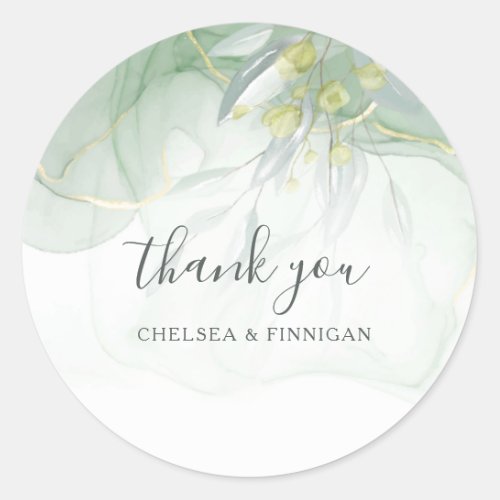 wedding Elegant Watercolor  Greenery thank you Classic Round Sticker