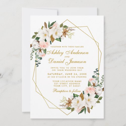 Wedding Elegant Watercolor Magnolias Roses Gold Invitation