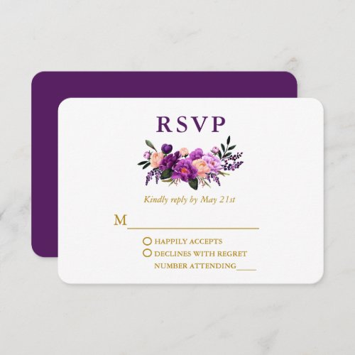 Wedding Elegant Watercolor Purple Floral Gold RSVP Card