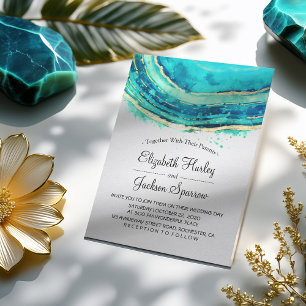 Wedding Elegant Watercolor Teal & Gold Agate Geode Invitation
