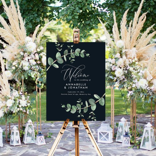 Wedding elegant welcome eucalyptus botanical black foam board