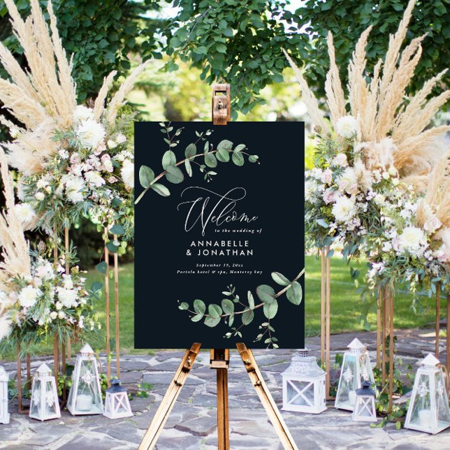 Wedding elegant welcome eucalyptus botanical black foam board (Creator Uploaded)