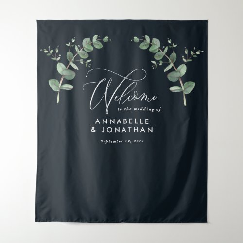 Wedding elegant welcome eucalyptus botanical black tapestry