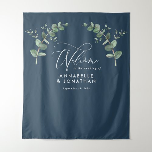 Wedding elegant welcome eucalyptus botanical blue tapestry