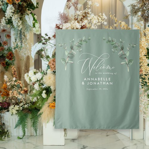 Wedding elegant welcome eucalyptus botanical sage tapestry