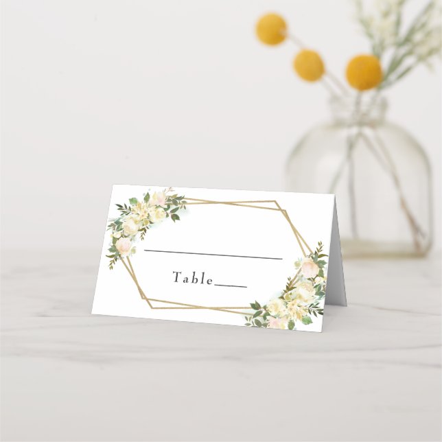 Wedding Elegant White Chic Rose Floral Gold Frame Place Card (Front)