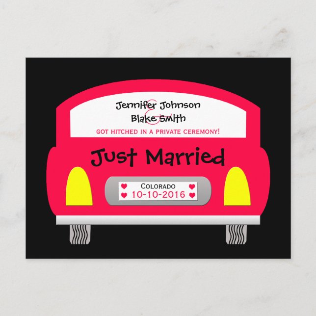 Wedding Elopement Announcement Postcard - Red Car (Front)