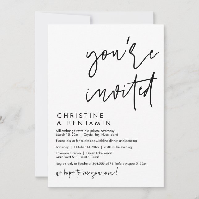 Wedding Elopement Dinner, Modern Casual Script Invitation (Front)
