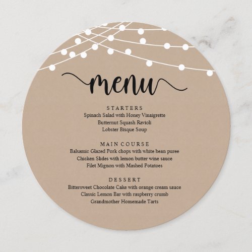 Wedding Elopement Dinner Modern Rustic Brown Kraft Menu