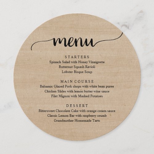 Wedding Elopement Dinner Modern Rustic Brown Wood Menu