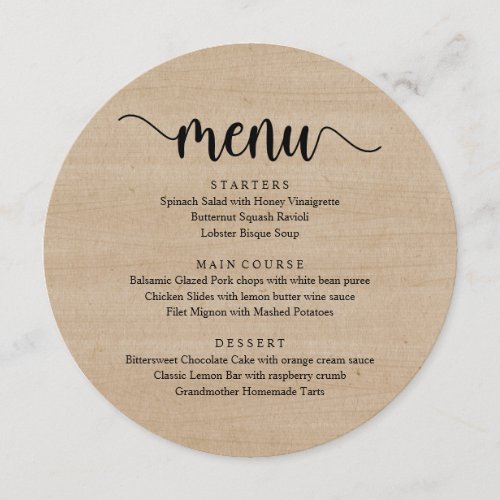 Wedding Elopement Dinner Modern Rustic Brown Wood Menu