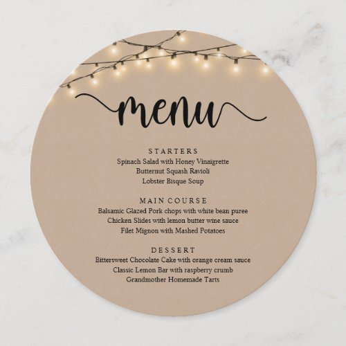 Wedding Elopement Dinner String Lights Brown Kraft Menu