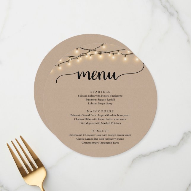 Wedding Elopement Dinner String Lights Brown Kraft Menu (Front/Back In Situ)