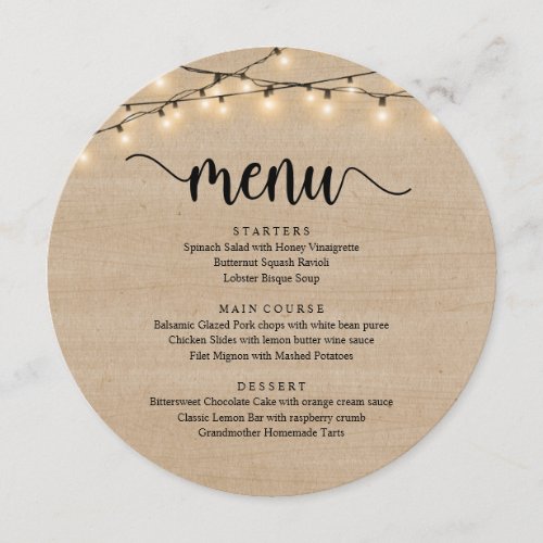 Wedding Elopement Dinner String Lights Brown Wood Menu